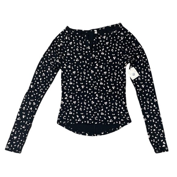 Free People Intimately Long Sleeve Floral Print Top Black/White Stretchy M - Picture 1 of 5